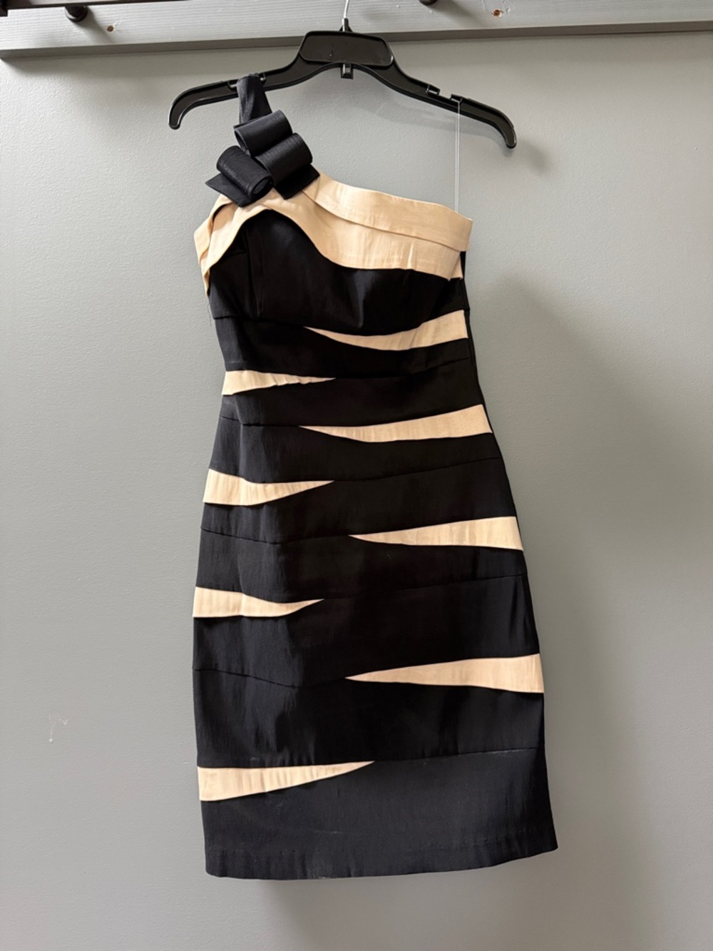 Scarlett Nite One-Shoulder Black and Cream Stripe Cocktail Dress